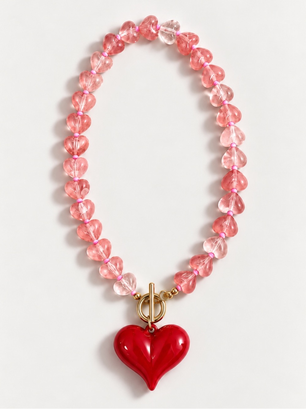 New! Pink Red Heart Beaded Y2K Necklace NWOT 3033